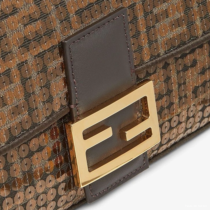 Affordable HOT Bag Sequins Fabric Baguette Motif with FF Medium Brown Fendi In 0815